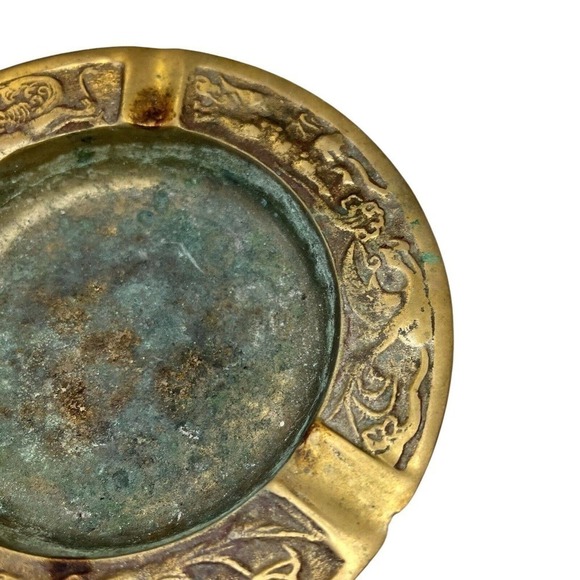 Vintage Brass Ashtray Phoenix Birds 5" Unusual Serpent Animals Deer Korea - Picture 4 of 8